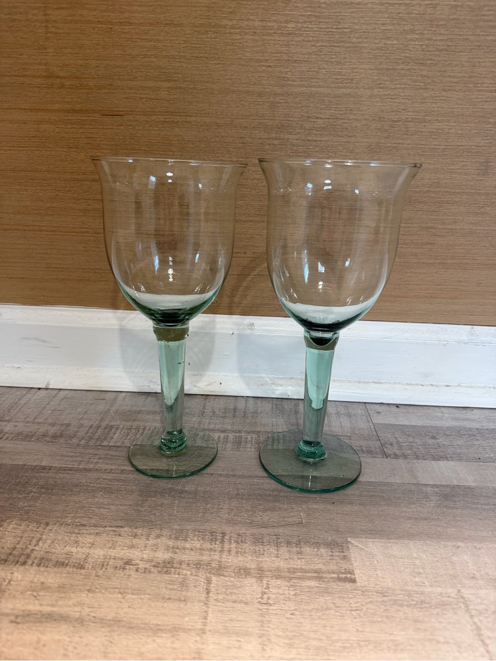 Vintage Indiana Glass Co Green Stem Oversized Wine Goblets 10” Set of 2
